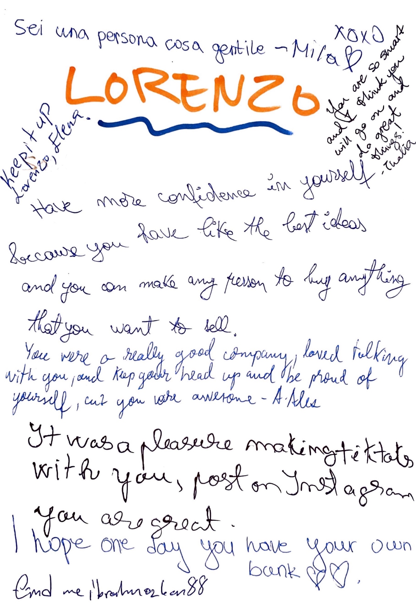 Handwritten feedback notes from participants with kind messages